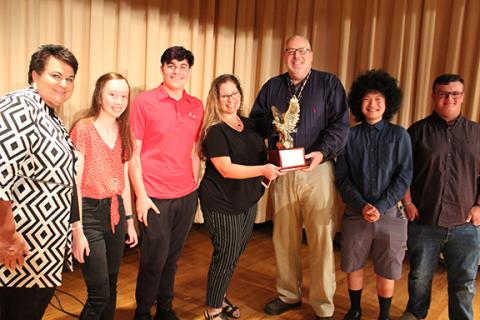 Hilliard Middle-Senior High School students, coaches and Nassau County Superintendent of Schools Kathy Burns celebrate the Flashes’ victory in the U.S. Constitution Bowl.