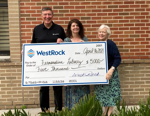 The Friends of the Fernandina Beach Library received a $5,000 donation from WestRock on April 19 that will enhance and assist with the maintenance of the Fernandina Branch Library’s technology center.   Community members of all ages use the library and the available technology for a variety of reasons. These include processing employment and scholarship applications, submitting financial aid  forms, gaining access to educational, research and testing resources, as well as hobbies and personal interest pursu