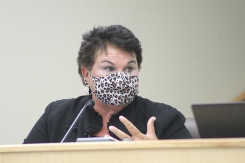 Nassau County Superintendent of Schools Kathy Burns speaks during Tuesday night’s school board meeting.