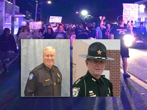 Left, Fernandina Beach Police Chief James Hurley; right, Nassau County Sheriff Bill Leeper. Background, marchers in Fernandina Beach on June 1, 2020.  File and Julia Roberts/News-Leader