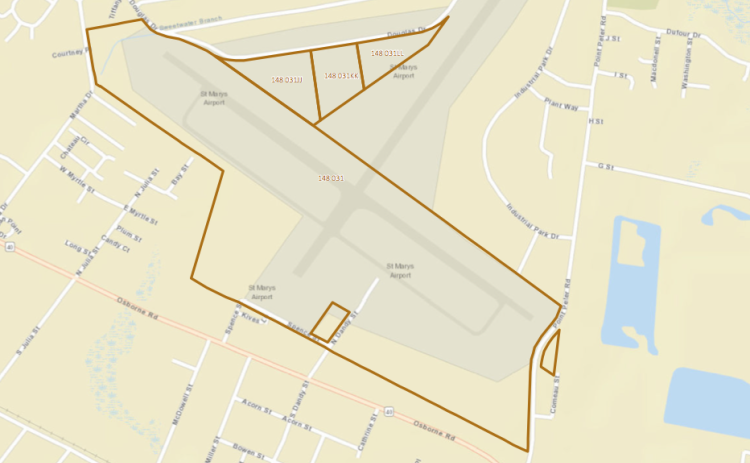 The City of St. Marys is seeking requests for proposals to redevelop 220 acres of the old airport. The other runway — shown outside of the project area boundary — is slated to become an aquaponics farm.
