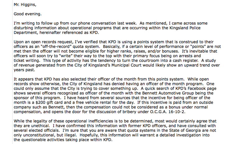 District 3 county commissioner Trevor Readdick's email to district attorney Keith Higgins about a points system the Kingsland Police Department had used. Readdick copied Camden's three state representatives on the email and shared it with the Tribune & Georgian.