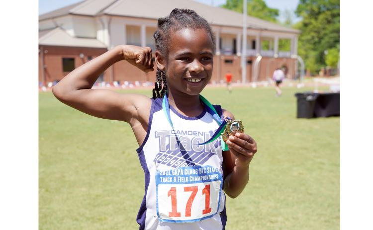 Josalyn Glover set a new state record on her way to winning the 8u girls 400m race (1:14.45) at the 2021 Georgia Recreation and Park Association Class B/C State Track and Field Championships in late April.