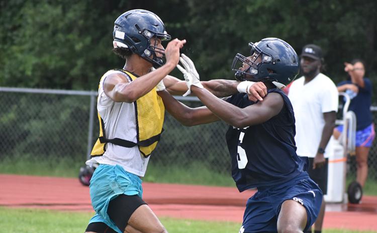 Saige Roche defends Ronald Spradley-Pettus on a long pass. (Tribune and Georgian/Andy Diffenderfer)