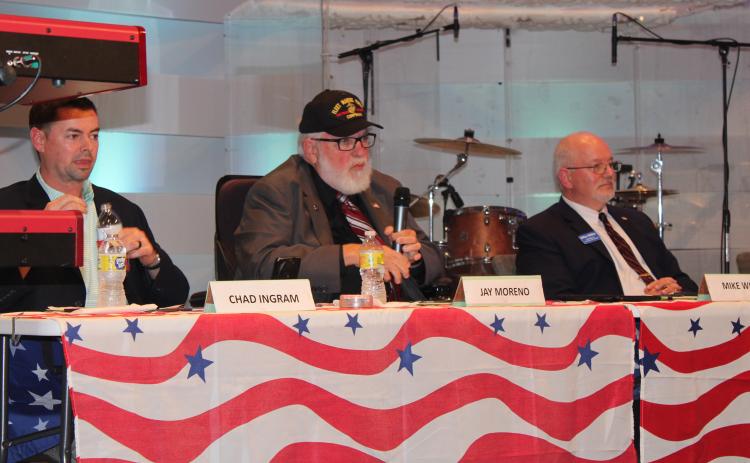 Chad Ingram, from left, Jay Moreno and Mike Wilkie participate in a candidate forum Feb. 23 at Three Rivers Church. The trio are running for St. Marys City Council’s Post 3 seat.