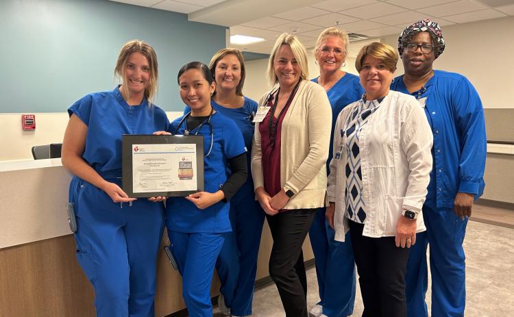 Southeast Georgia Health System was recently honored for its high-quality stroke care. Front row, from left, are registered nurses Grace Boughton and Ericka Pagote, Stroke Coordinator Cynthia Gahm and Patient Care Services Director Jan Jones. Back row: Registered nurse Tiffany Crews, Patient Care Services Manager Shelly McKinney and licensed practical nurse Cynthia Kareem.