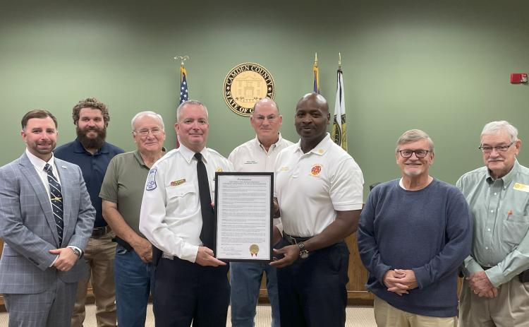 Administrator Shawn Boatright, Camden County Commissioners Trevor Readdick and Lannie Brant, Fire Safety Specialist Lt. Chris Goebel, Camden County Board of Commissioners Chairman Ben Casey, Fire Chief Terry Smith, and Commissioners Martin Turner and Commissioner Jim Goodman celebrate Fire Prevention Week.