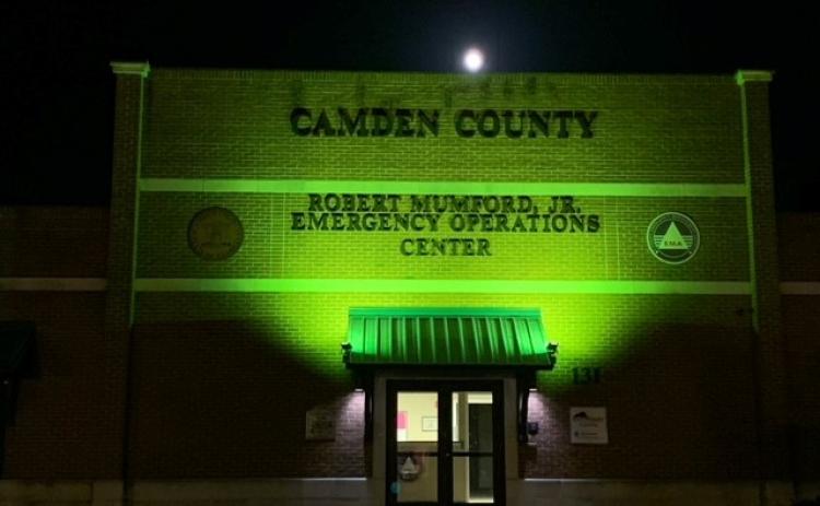 Camden County Emergency Operations Center is illuminated in green for Operation Green Light 2022.
