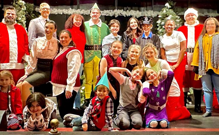 Cast members for “Elf the Musical” include, front row, from left, Emmalyn Cutler, Alice Marek, Robert Jones, Sadie Andrews and Ashton Harvey. Middle row: Samantha Anderson, Carson Jones, Desiree Williams, Lorelai Bryan and Elizabeth Vail. Back row: Landon Bryan, Caleb Bryan, Chris Kessler, Elisha Cauthen, Paul Rogers, Irie Williams, Reese Andrews, Katelyn Eby, Camille Wilburn, Steven Jones, Victoria Bettinger and Elijah Kessler.