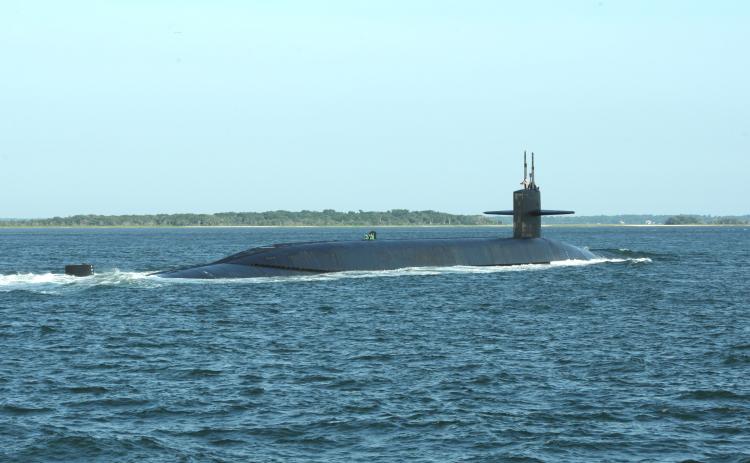 The ballistic missile submarine USS Wyoming (SSBN 742) returns to Naval Submarine Base Kings Bay in Georgia on June 28, 2014, following routine operations.