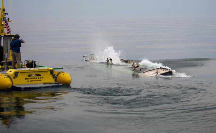 The 50-foot sailboat Guanahani Honey, donated by St. Marys Boat Services, is sunk in 49 feet of water at the CDH Reef, 16 miles east of Cumberland Island.