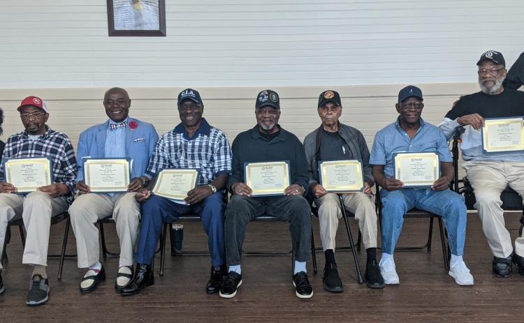 The NAACP Camden County Branch recently honored war veterans during its general membership meeting March 21. From left are NAACP Camden County Branch Armed Services and Veterans Affairs Committee Chairwoman Jannett Bradford, honorees Luther Walker, Vernon Higgins, Artie Jones Jr., A.J. Hilliard, Henry Horne Sr., Lewis Burch Sr. and Joe Bryant, and branch President Timothy Bessent Sr. Not pictured: Pastor Leon Washington, Ernest “Sarge” Stevens and Rick Lockamy.