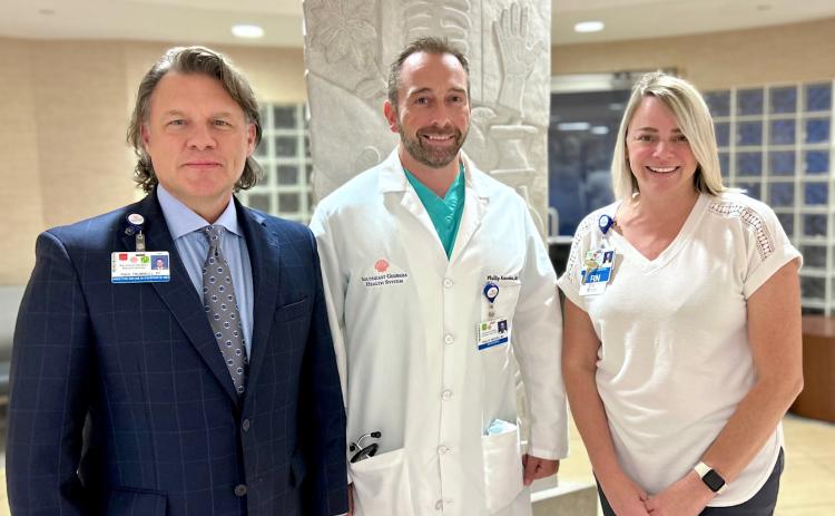 Southeast Georgia Health System’s Stroke Program received recertification. From left are Rehabilitation and Sports Medicine Services Director Paul Trumbull, Southeast Georgia Physician Associates-Neurology Dr. Phillip P. Amodeo and Stroke Program coordinator Cynthia Gahm.