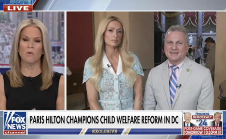 U.S. Rep. Buddy Carter, right, joined Paris Hilton, center, during a Fox News segment about child welfare reform.