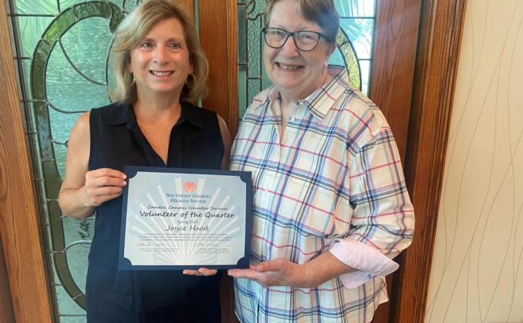 Submitted photos Southeast Georgia Health System’s Camden Campus winter Volunteer of the Quarter was Beverley Spaeth, left. With Spaeth is Camden Campus Volunteer Services President Kathleen Worthing.