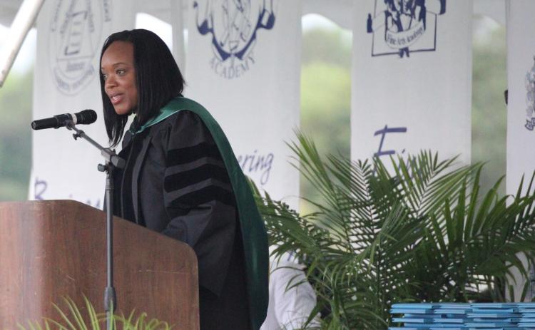 Camden County Schools Superintendent Tracolya Green, a 2001 Camden County High graduate, speaks during the 2024 commencement ceremony at Chris Gilman Stadium.
