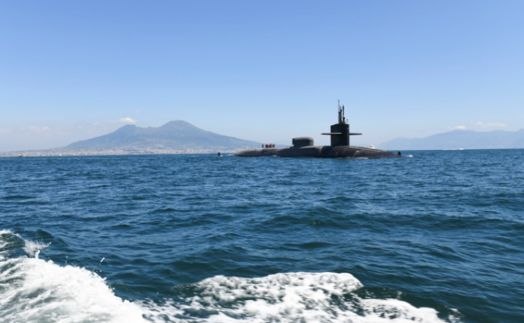 The USS Florida leaves the Bay of Naples in August 2023. The submarine’s home base is Kings Bay Naval Submarine Base.