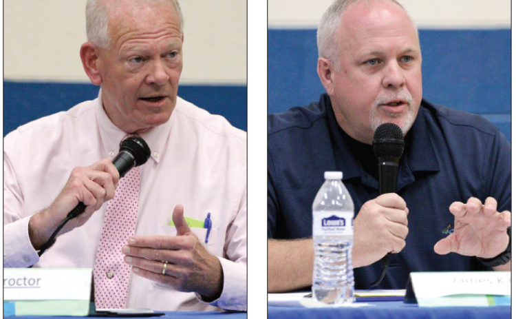 Camden County Sheriff Jim Proctor, left, and Kingsland Police Department Capt. James Kevin Chaney speak during a Camden Votes forum Tuesday evening.
