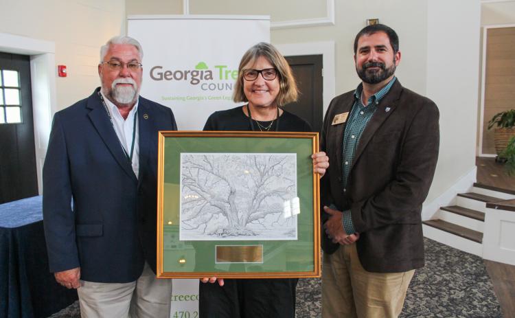 The city of St. Marys recently received the Outstanding Streetscape Revitalization Grand Award for 2024 for its Median Streetscape Pilot Project. From left are Georgia Tree Council President Robert Seamans, St. Marys Tree Board Chairwoman Christine Adamow and Georgia Forestry Commission Director Johnny Sabo.
