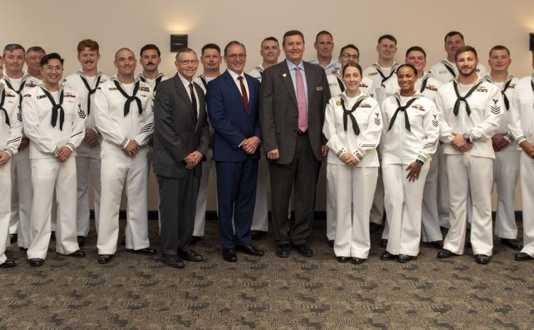 Award winners are with Camden-Kings Bay Navy League Council president Bob Dickman, St. Marys Mayor Greg Lockhart, and Navy League of the United States chief executive officer Mike Stevens.
