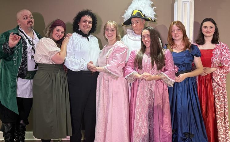 Saltwater Performing Arts’ cast of The Pirates of Penzance in Concert is ready for some swashbuckling fun this weekend and next at Pigmental Studios Auditorium in St. Marys. From left are Steven Jones, Megan Kaufman, Timothy Bernal, Rebekah George, Erik Nesteruk, Mia Galaviz, Gracelyn George and Alexandra Jenkins.