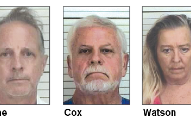 Three people, including a former assistant magistrate judge, were charged in connection to a burglary.