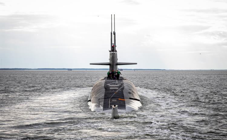 The USS Wyoming pulls into Norfolk, Va. in support Feb. 2, 2024.
