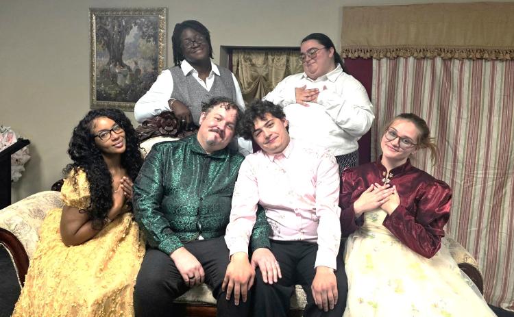 Cast members of Saltwater Performing Arts’ “The Importance of Being Earnest” are ready for opening night Friday. Front row, from left are Michelle Woodberry, Steven Jones, Chance Davis and Elizabeth Husser. Back row: Ebony Hoggard, Anna Wheater.  Not pictured: John Phluger and Brandy Champeau.