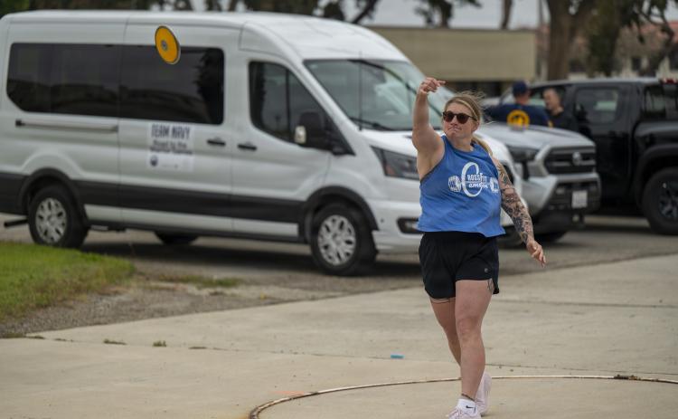 Lerch throws the discus May 10 during the 2026 Team Navy Training Camp at Naval Base Ventura County-Port Hueneme in California.