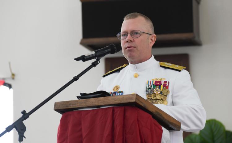 Rear Adm. Bret E. Grabbe speaks June 26 during a change-of-command ceremony at Kings Bay Naval Submarine Base.