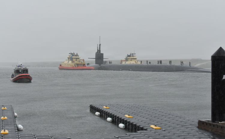 Ohio-class ballistic missile submarine USS Pennsylvania arrives Oct. 2 at Naval Submarine Base Kings Bay.  (U.S. Navy photo)
