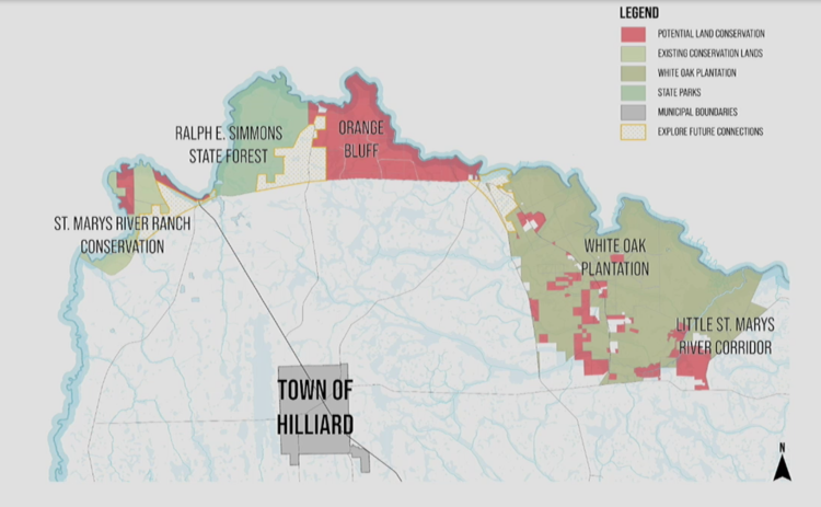 An illustration created by Nassau County staff shows a potential land conservation plan for an area along the St. Marys River, north of Hilliard.
