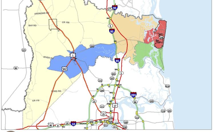 The new Nassau County districting map prevents Districts 4 and 5 from crossing I-95; however, this option inflates population numbers in the other districts.