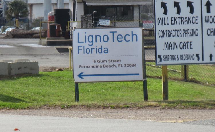 A file photo shows a sign marking the entrance to the LignoTech Florida plant in Fernandina Beach. JULIA ROBERTS/NEWS-LEADER