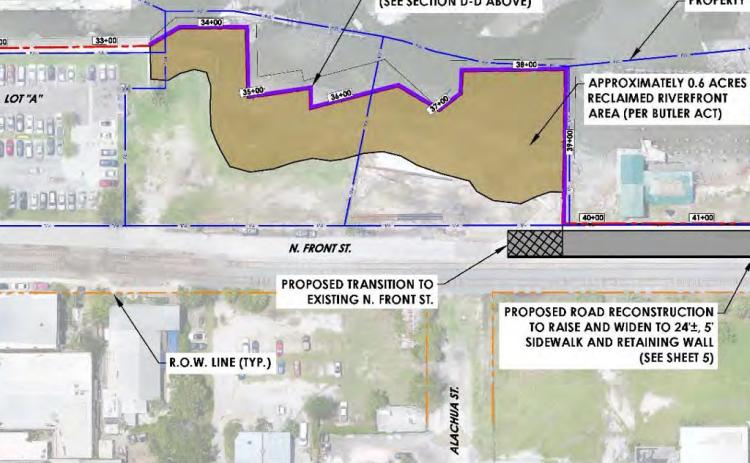 A plan for the area north of the present-day Fernandina Harbor Marina and Parking Lot A shows an area, colored brown, along the Amelia River that is currently underwater. The city of Fernandina Beach might build a bulkhead in that area and fill it in, creating over a half-acre of new land under the Butler Land Act. CITY OF FERNANDINA BEACH