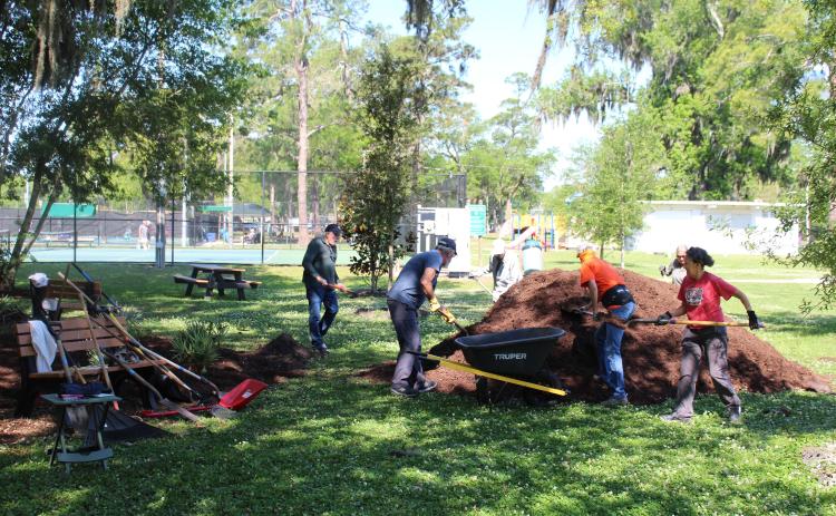 Volunteers spread mulch and put finishing touches on Volunteers Grove, a garden in Central Park honoring volunteers in the community that will be dedicated Thursday.