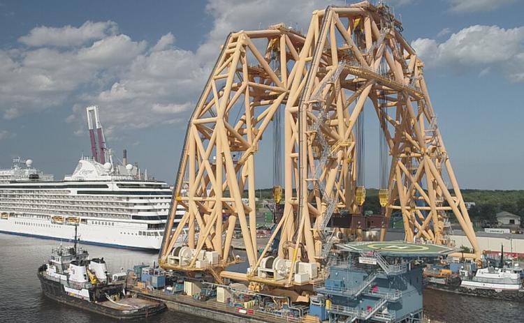 The VB-10,000, currently docked at the Port of Fernandina, is the largest twin-hull heavy lift vessel ever built in the United States, according to Versabar, which owns the huge crane. Photo courtesy Kory Klix of aerialdroneservices1.com