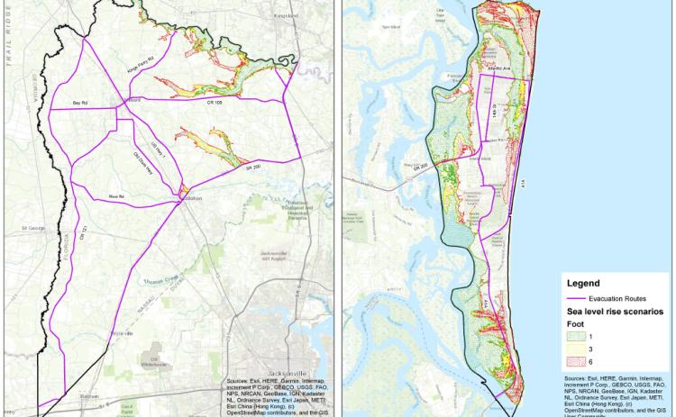 Using data from National Oceanic and Atmospheric Administration, this map identifies those areas that are anticipated to be inundated by sea-level rise of 1, 3 and 6 feet. Areas close to the St. Marys River and the Intracoastal Waterway would the most impacted. As with storm surge, large portions of Amelia Island are impacted by the minimum 1-foot sea-level rise scenario predicted to occur by 2050, if not sooner. NASSAU COUNTY PLANNING & ECONOMIC OPPORTUNITY