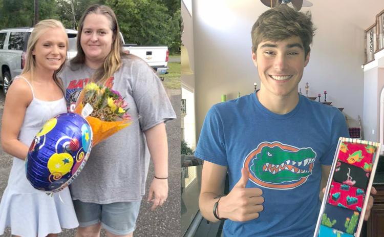 Hilliard Middle-Senior High School’s Emilee Dover displays flowers and a balloon she received as part of a community wide effort to adopt the Class of 2020 in honor of its upcoming commencement. West Nassau High School senior Aden Nettles shows off his gift of specialty socks. Submitted