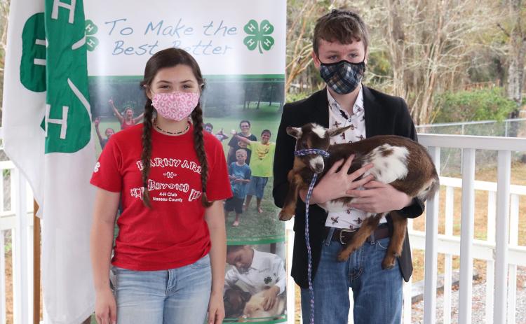 Nassau County 4-H member Garrett Bennett, 12, of Yulee receives a Nigerian dwarf dairy goat Feb. 9 that was born on the family farm of Bryceville’s Sayde Price, 11. 