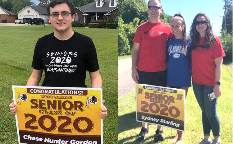West Nassau High School senior Chase Gordon and Hilliard Middle-Senior High School senior Sydney Starling display the signs they received as part of “Operation Senior Sign” last week. To honor seniors, volunteers distributed yard signs to seniors across Nassau County. Submitted