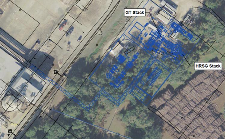 The area lined in blue is the location of a proposed gas-powered turbine that would supply steam and hot water to the Fernandina Beach WestRock paper mill. GT Stack stands for “gas turbine.” HRSG Stack stands for “heat recovery steam generator.” An application for an air construction permit for the facility has been submitted to the Florida Department of Environmental Protection. WestRock officials have not commented on the project. AMELIA ISLAND ENERGY