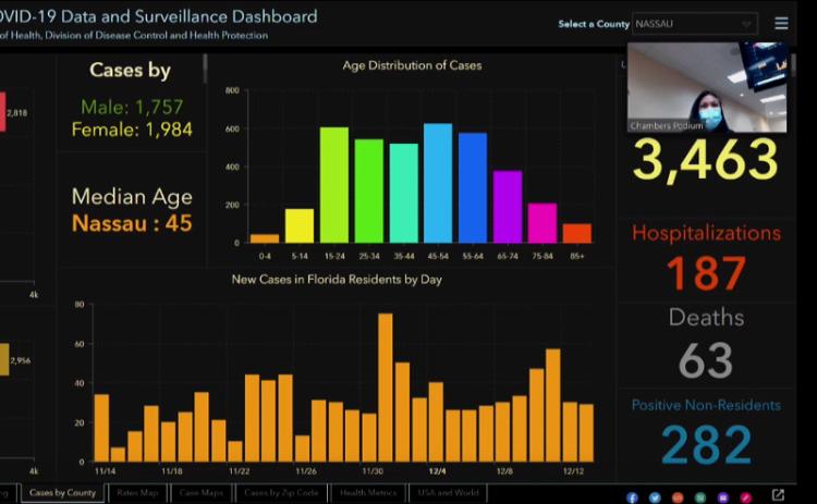 Florida Department of Health - Nassau Director Dr. Eugenia Ngo-Seidel demonstrated the state's COVID-19 dashboard tool to county commissioners during their meeting Monday. GARY D. MORGAN/FOR THE NEWS-LEADER
