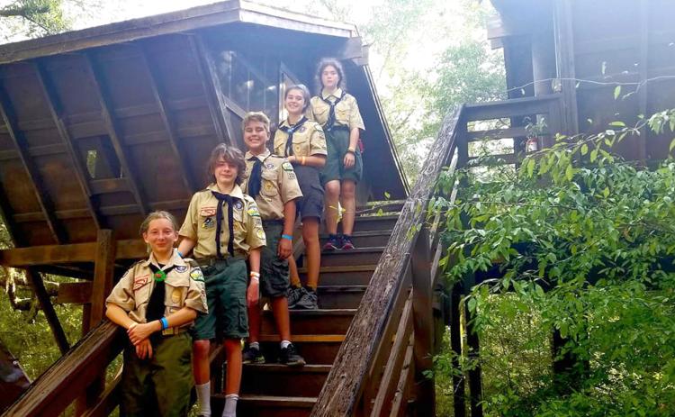 Members of the Boy Scout Troop and the all-girl Troop 152 attend summer camp in June at Camp Shands near Melrose. They stayed in the tree houses. While practicing social distancing, scouts were able to attend classes and enjoy the outdoors. Scouts completed 38 badges and earned two awards and four scouts achieved ranks. Scout Master William Anno and Amanda Sridasome attended with the scouts. They included Miley Meredith, Avery Meredith, Xavier Gallagher, Christina Scheider and Caitlyn Scheider.