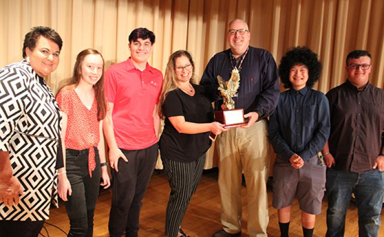 Hilliard Middle-Senior High School students, coaches and Nassau County Superintendent of Schools Kathy Burns celebrate the Flashes’ victory in the U.S. Constitution Bowl.