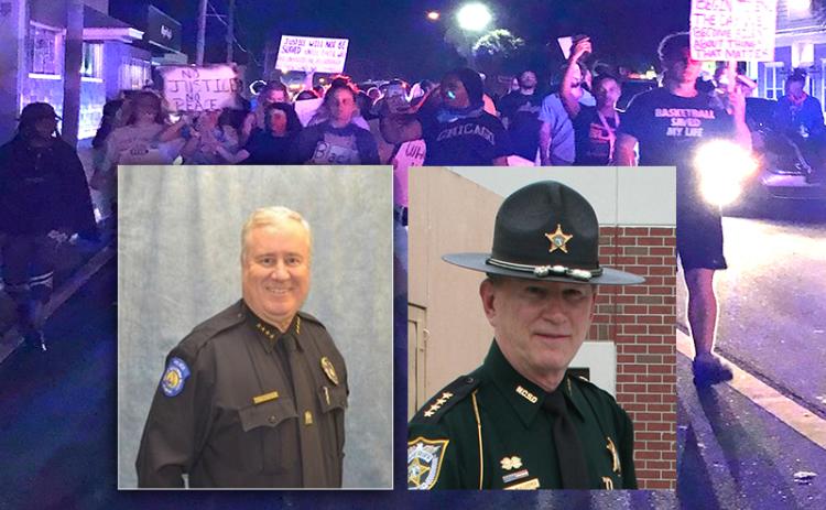 Left, Fernandina Beach Police Chief James Hurley; right, Nassau County Sheriff Bill Leeper. Background, marchers in Fernandina Beach on June 1, 2020.  File and Julia Roberts/News-Leader