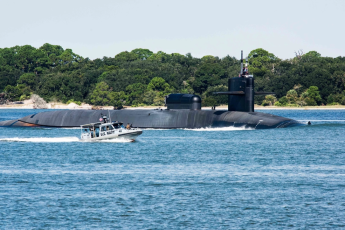 The Ohio-class guided-missile submarine USS Georgia departs Naval Submarine Base Kings Bay to conduct routine operations