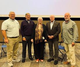Coastal Resources Division Director Doug Haymans, Georgia Department of Natural Resources board member Tim Lowe, and former Coastal Resource Division directors Susan Shipman, Duane Harris, and Spud Woodward kick off the inaugural event of the College of Coastal Georgia’s new Environmental Speaker Series.
