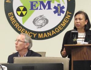 Nassau County Board of County Commissioners Chairman Danny Leeper and Dr. Eugenia Ngo-Seidel, director of the Florida Department of Health – Nassau County, at Wednesday afternoon’s special BOCC meeting held at the county’s Emergency Management Center. PAMELA BUSHNELL/NEWS-LEADER