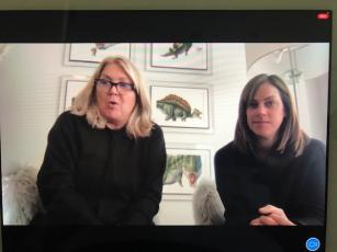 “Dinosaurs Living in My Hair” author Jayne M. Rose-Vallee, left, and Literacy for Kids Director Heather Mertz conduct a virtual presentation with students from Callahan and Wildlight elementary schools.